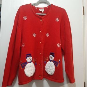Crystal Kobe Christmas Ugly Red Snowman Sweater Button Down Cardigan XL
